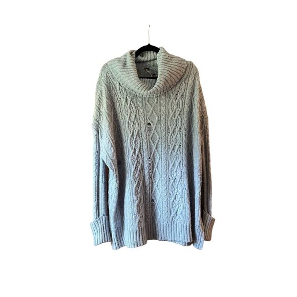 Free People Women's Distressed Complex Cable Knit Sweater Long Sleeve Blue SZ M - Picture 3 of 12
